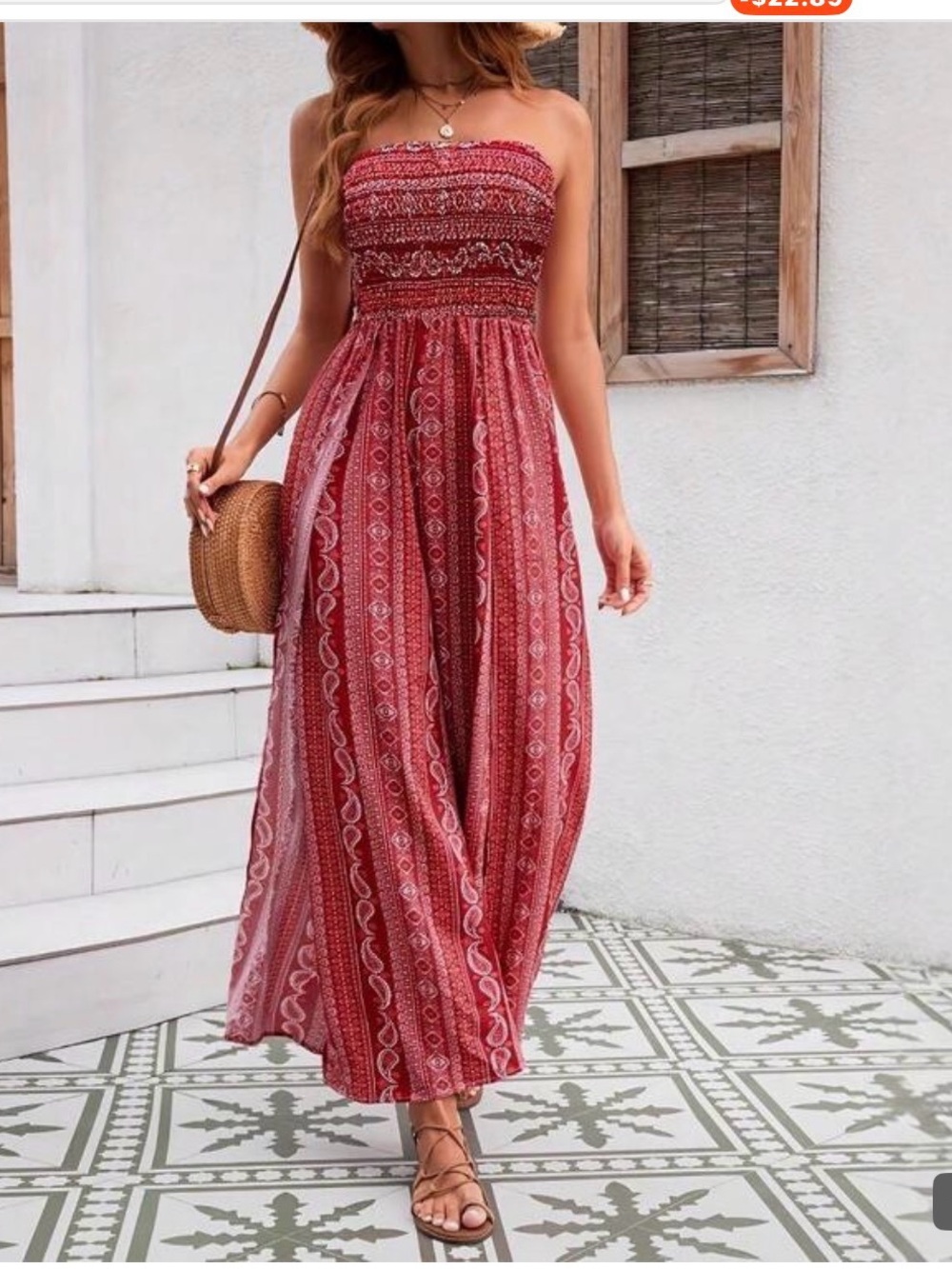 Boho Strapless Red Printed Maxi Dress
